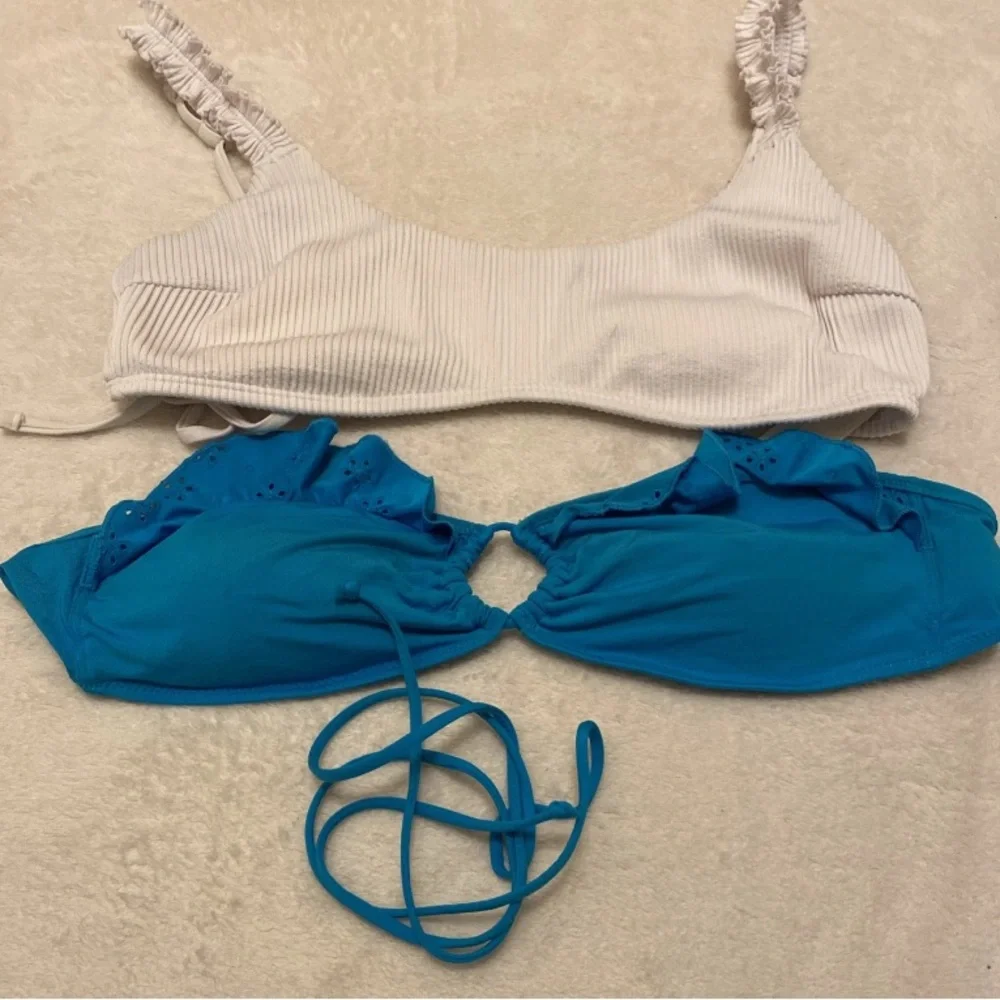 Hollister White and Blue Eyelet Ruffle Bikini Set